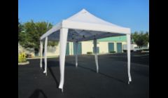 Pop Up Tent: 10' x 20' White Pop Up Tent - without wall panels - $99.00\n-Tent is water resistant, not waterproof, but can withstand nonstop, steady rain for up to two hours\n-10' wall panels (total of 4 panels) - $6.00 ea.