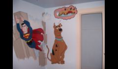 Part of chlds room; also painted sponge bob toons and a complete wall of city/country life.  Superman and scooby doo with giant sub sandwich