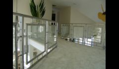 Contemporary stainless steel and safety glass railings. 