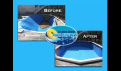 An above ground pool replacement with a wooden deck surrounding the pool. 