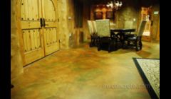 Interior decorative concrete overlay.  Cement-based, coated with clear epoxy and finished with clear satin polyurethane.