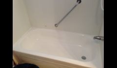 After The Fibertech refinished bath and also put a non-slip texture on bottom of bathtub floor for safety .