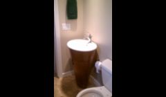 Unique vanity selected to accomodate space limitaions, custom bath remodel, Falmouth, Ma.