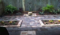 Paver patio, walkway, water feature, landscape design & install to small back yard.
